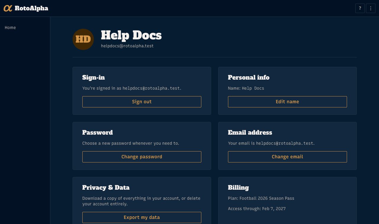 The Account page, with the Billing card naming the pass and the date access runs through