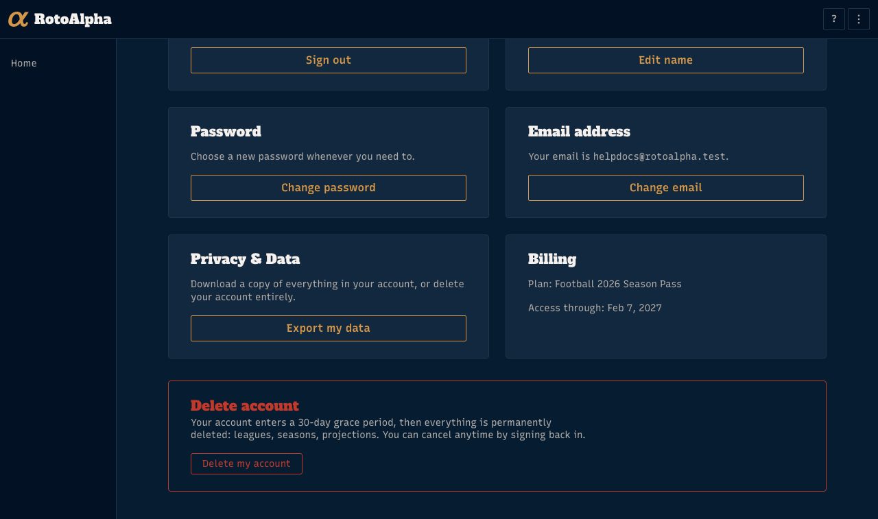 The foot of the Account page: Export my data on the left, and the Delete account danger zone below it