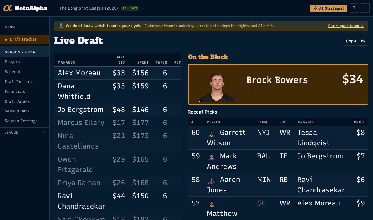 The auction board with a player on the block at the current bid, every team's budget beside it, and the recent picks below