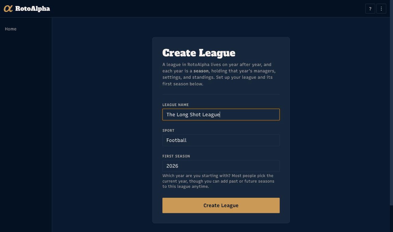 The Create League form: league name, sport, and first season
