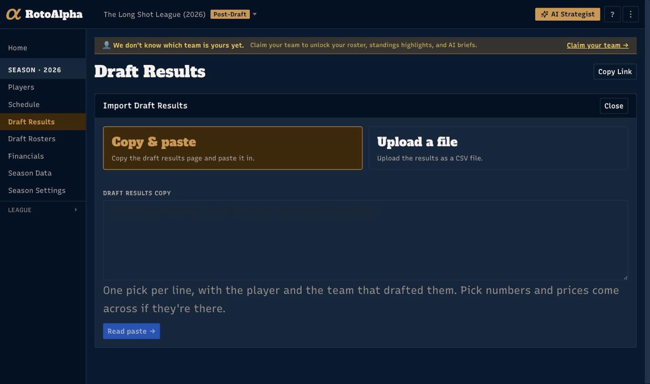 The draft import wizard on its paste step