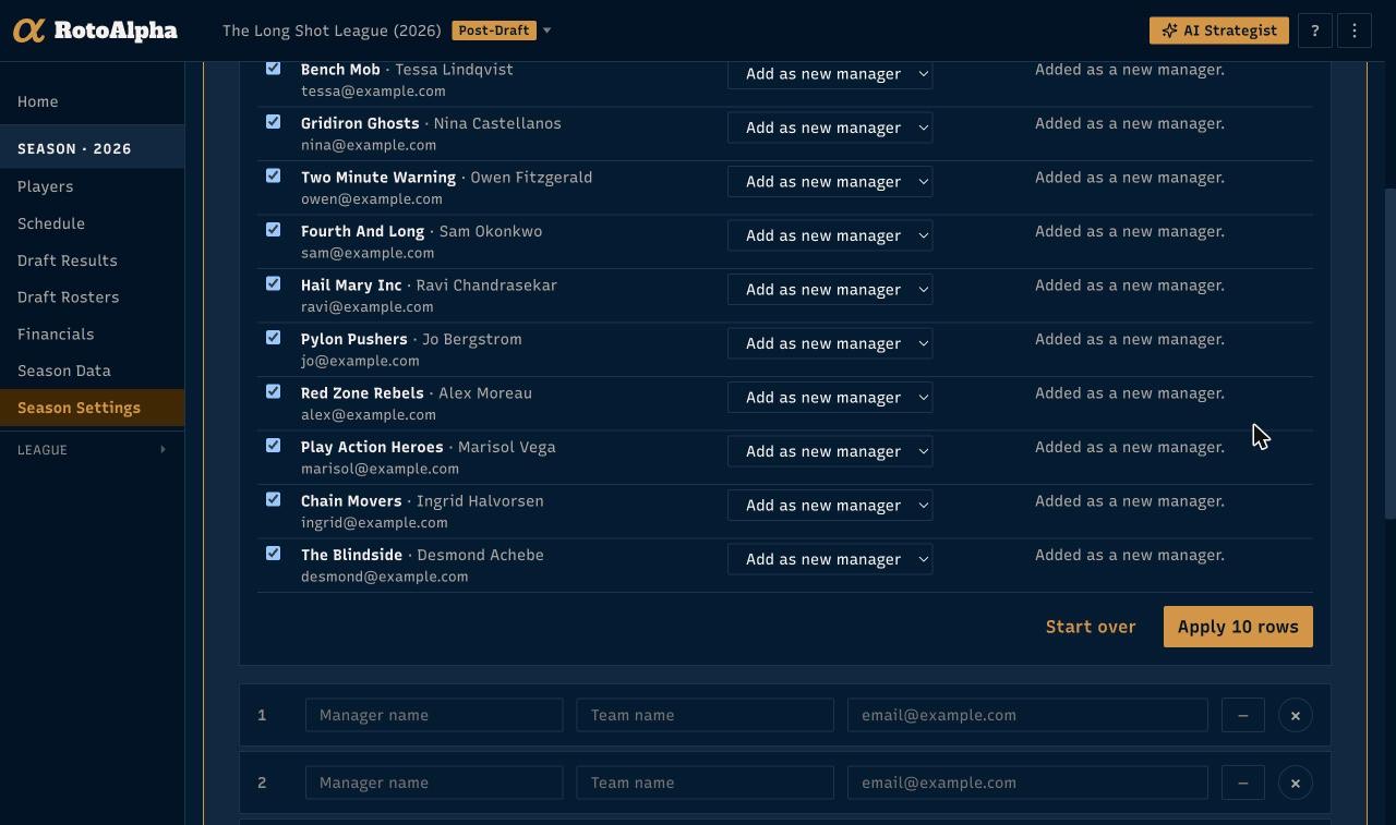 The manager import preview, one checkbox per pasted row