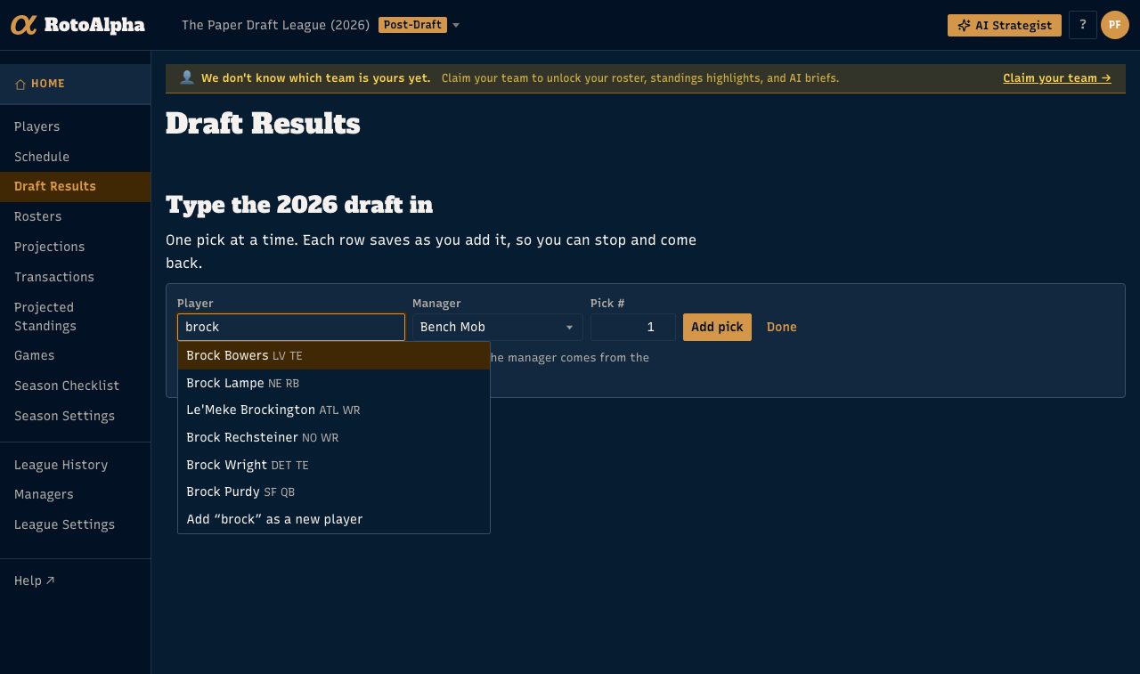 The entry strip with a few letters typed, the matching players listed, and the manager and pick number already filled in