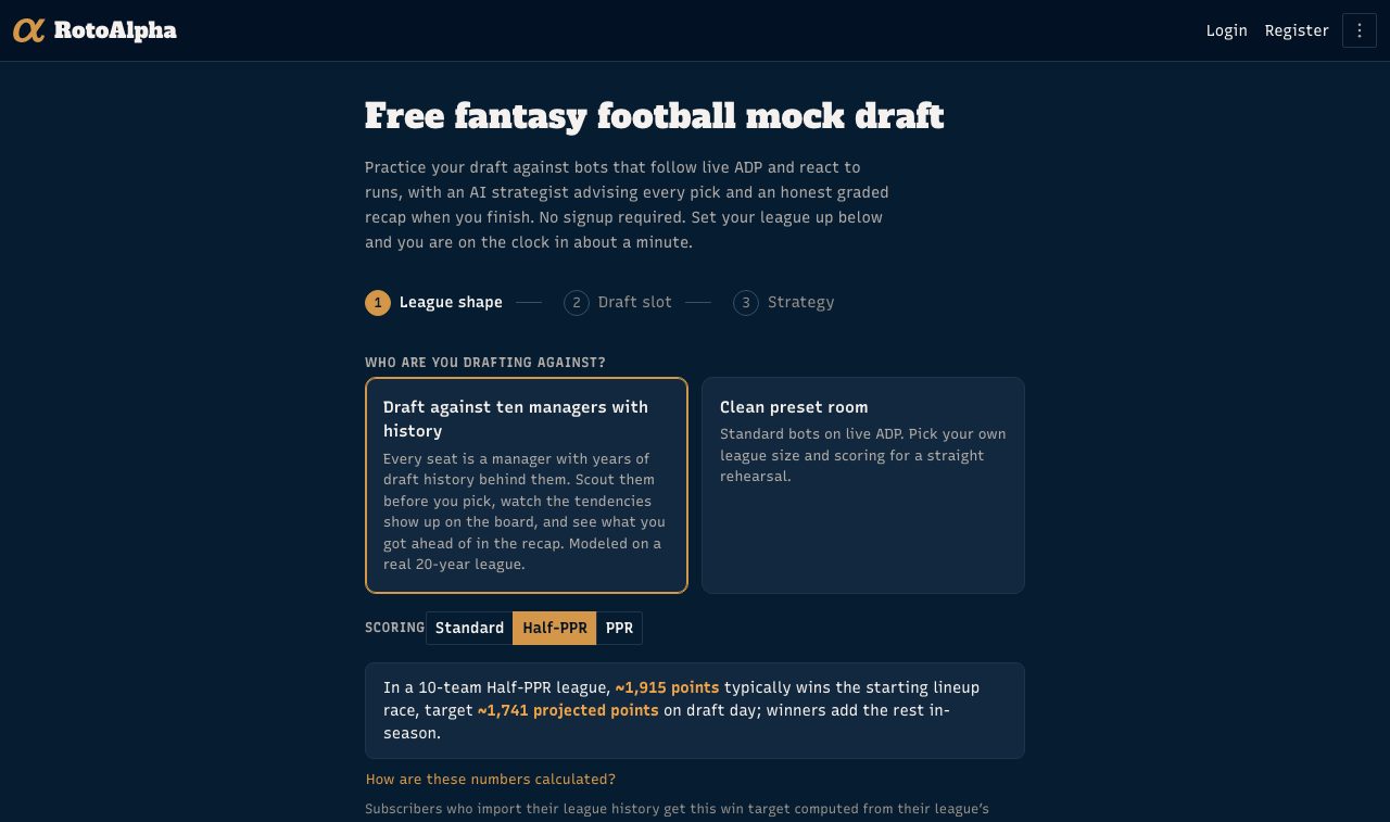 The mock draft setup, offering a room of ten managers with history or a clean preset room