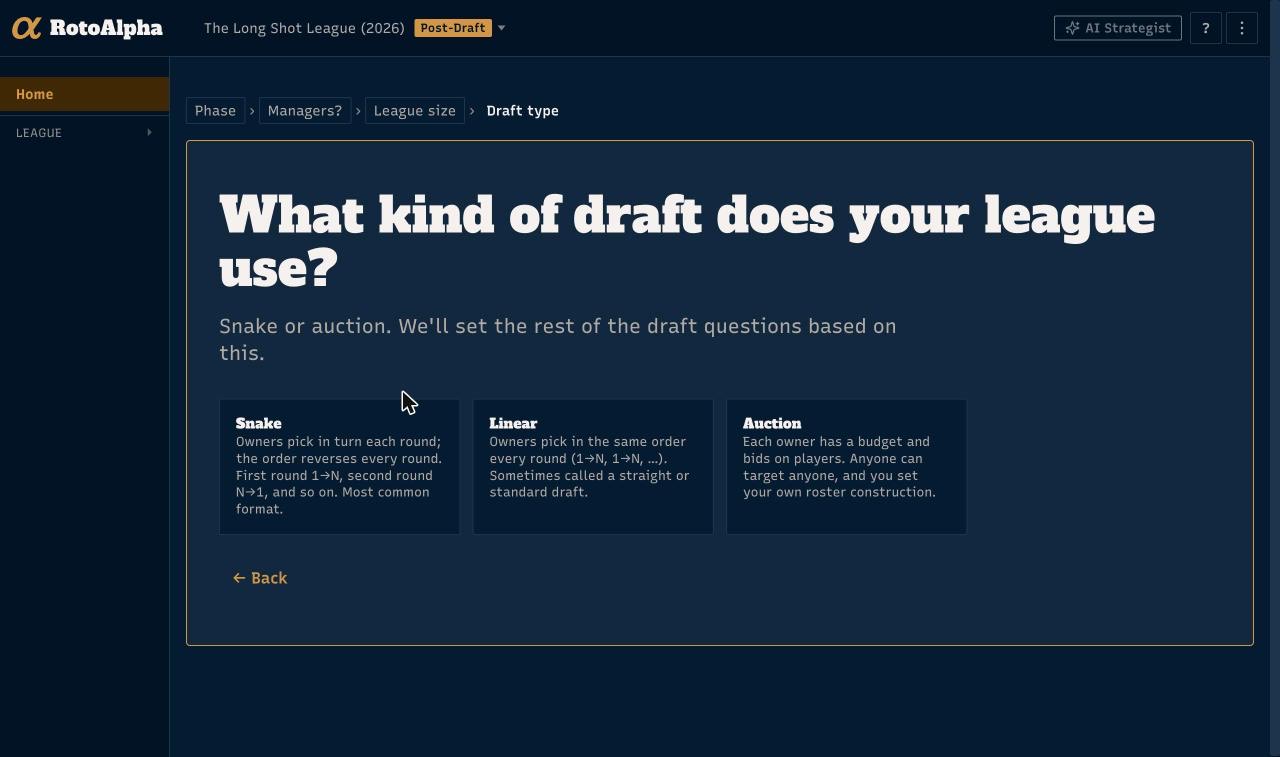 The draft type question, offering snake, linear and auction