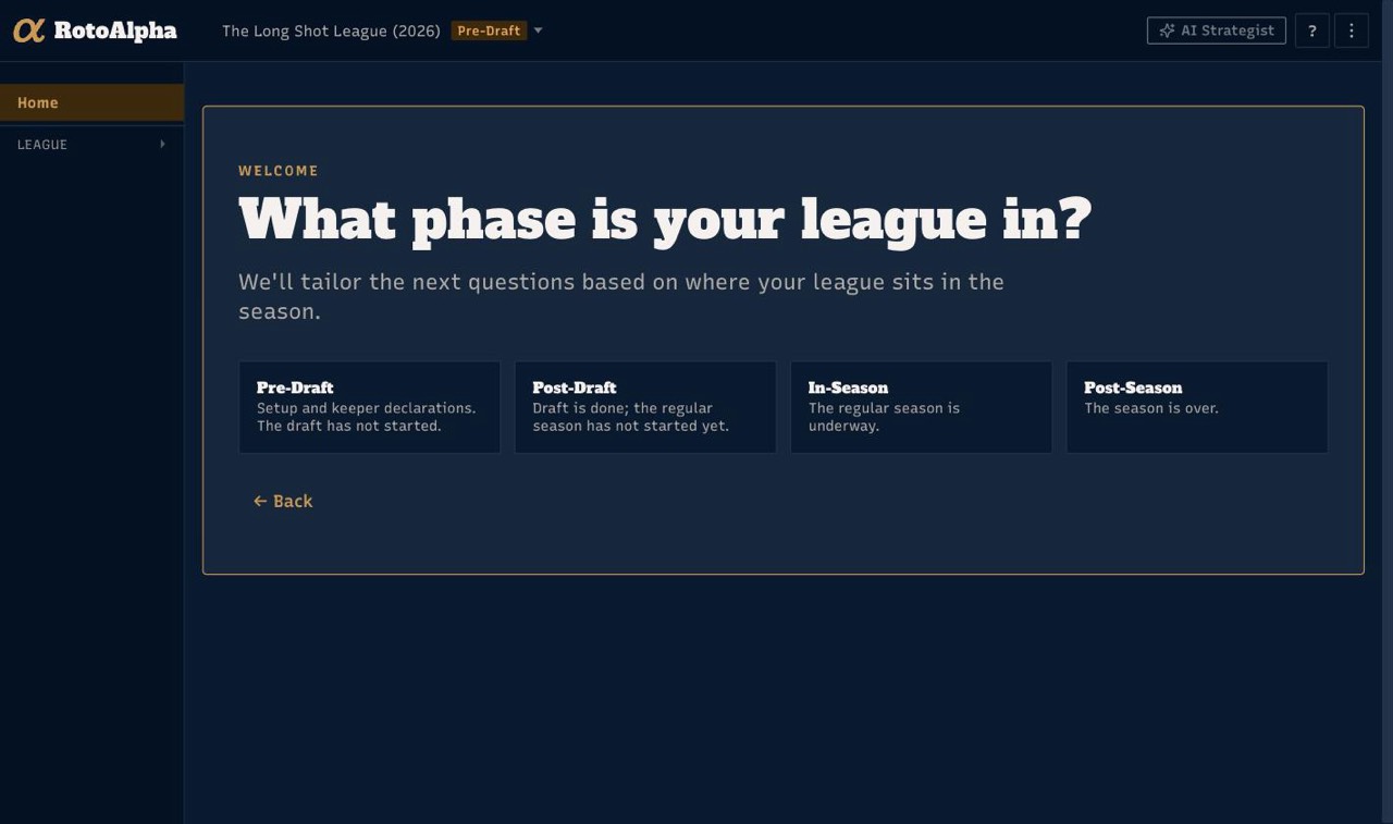 The wizard's first question, asking what phase your league is in