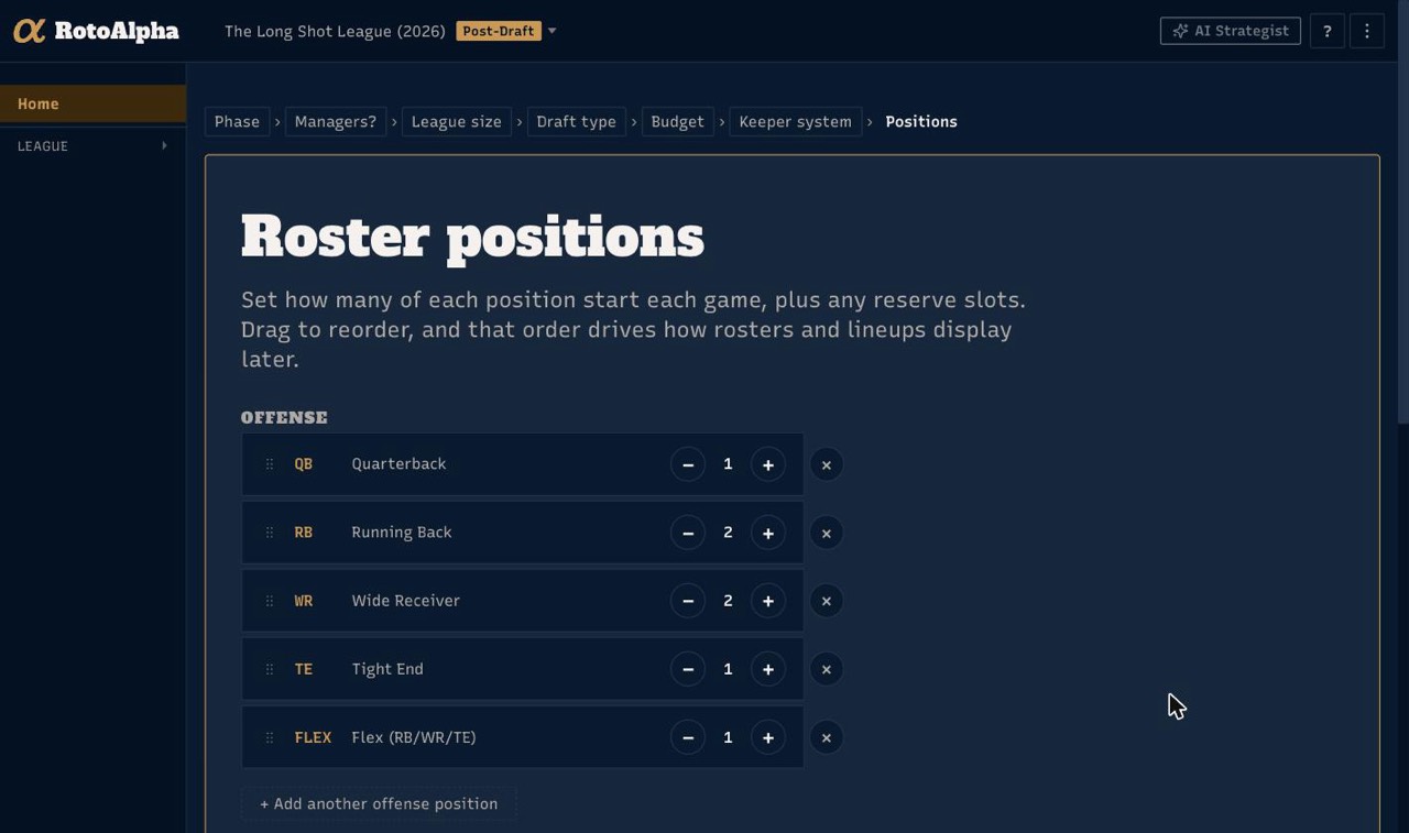 The roster positions step, with a count against each position