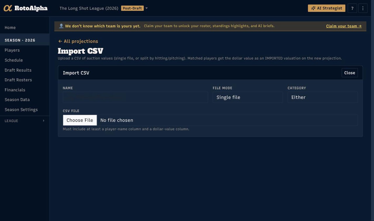 The projections CSV import step, asking for a name, a file mode and a file