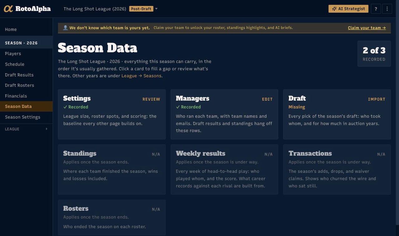 The Season Data page, with a card per piece of the year and its status