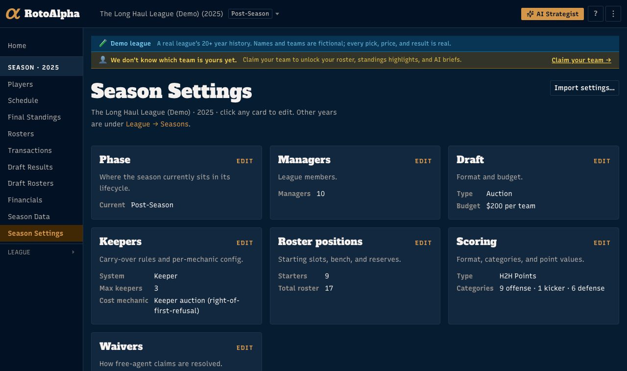 The Season Settings summary, one card per section showing its current values